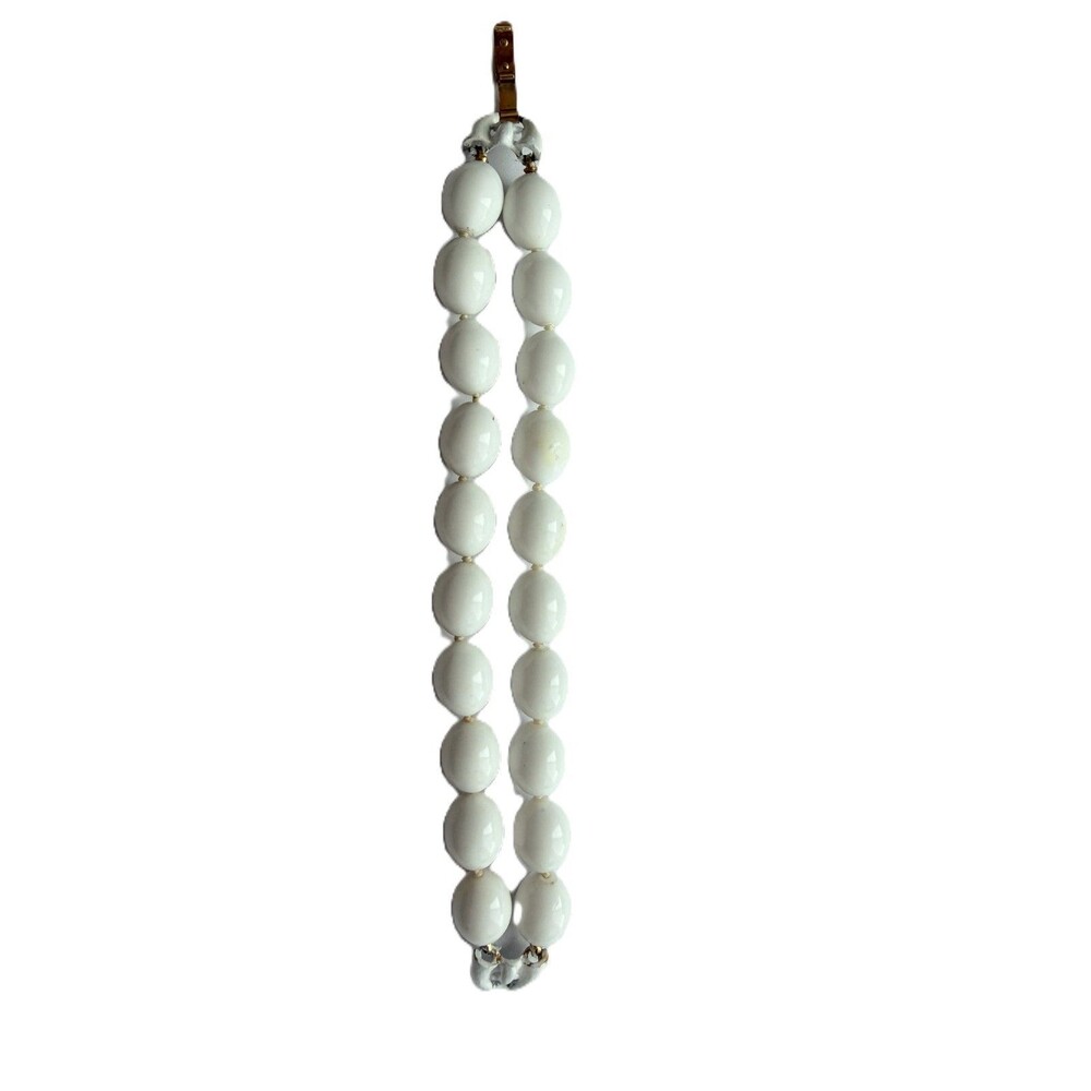 Vintage Trifari Crown Logo White Lucite Plastic Bead Two Strand Bracelet Gold
